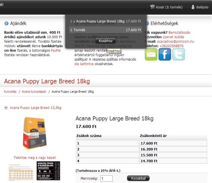 Acana Puppy Large Breed 18 kg - 1 zsák kosárba helyezése