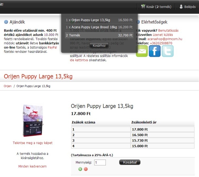 Orijen Puppy Large Breed 13,5 kg - 1 zsák kosárba helyezése Orijen Puppy Large Breed 13,5 kg - 1 zsák kosárba helyezése